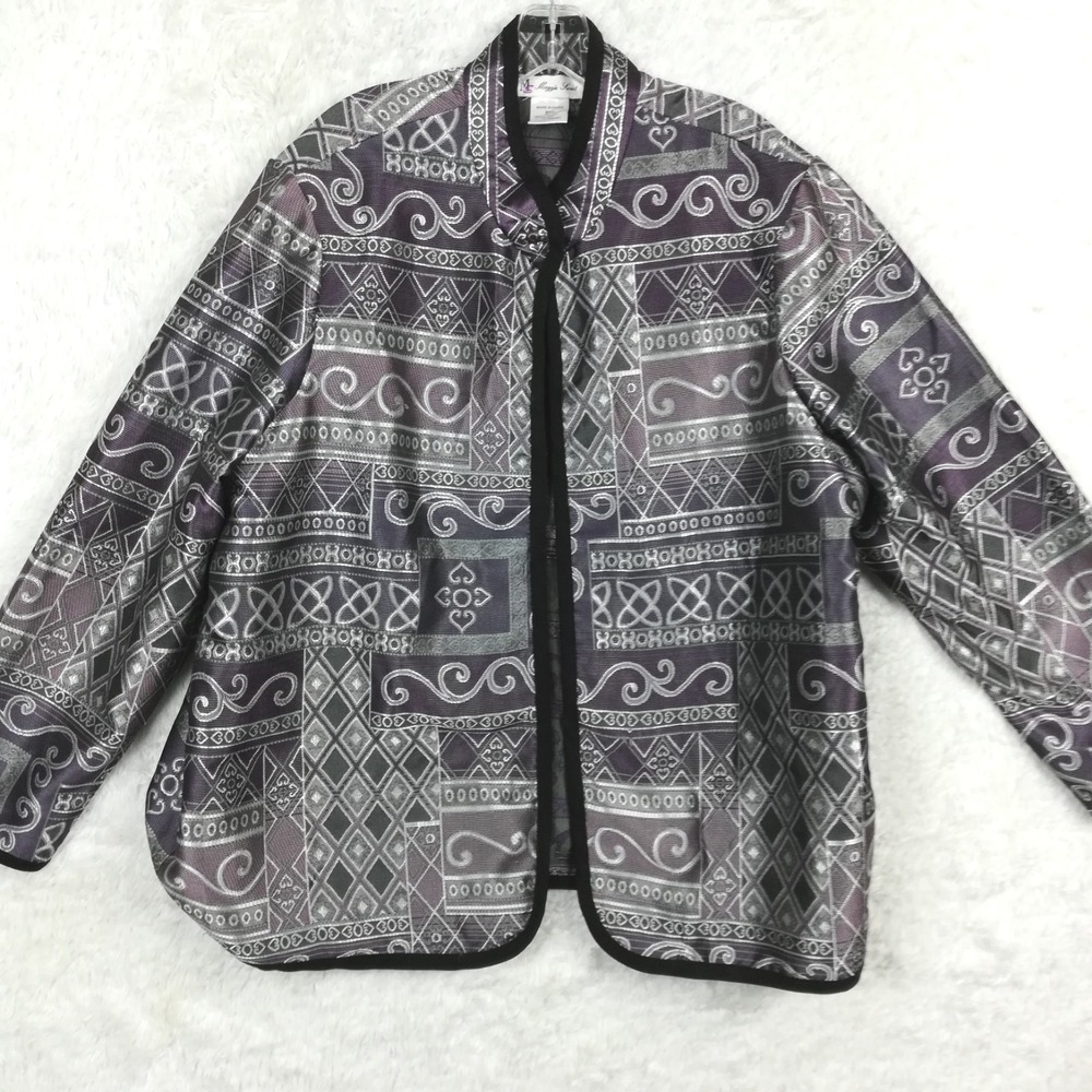 Maggie Sweet Womens Blazer Jacket Woven Purple Gray Geometric Print Open 2XL